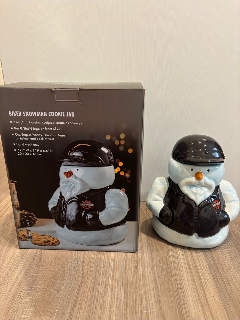 New Harley-Davidson Ceramic Biker Snowman Cookie Jar - Holiday Collectible